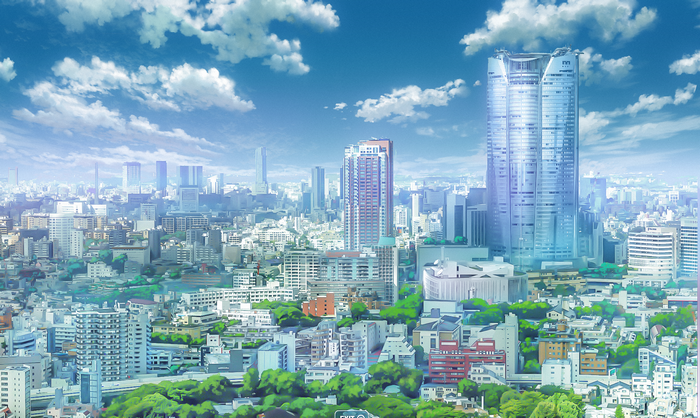 Cityscape with skyscrapers and clouds