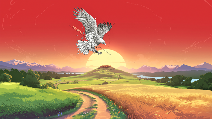 Eagle flying over a landscape at sunset