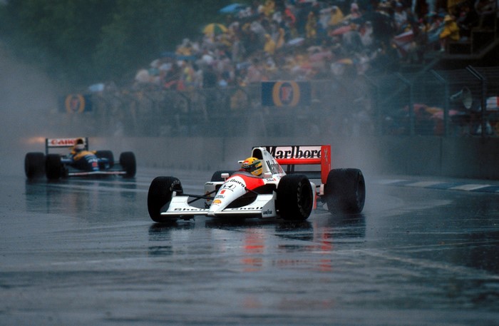 Ayrton Senna in McLaren F1 car during a rainy race