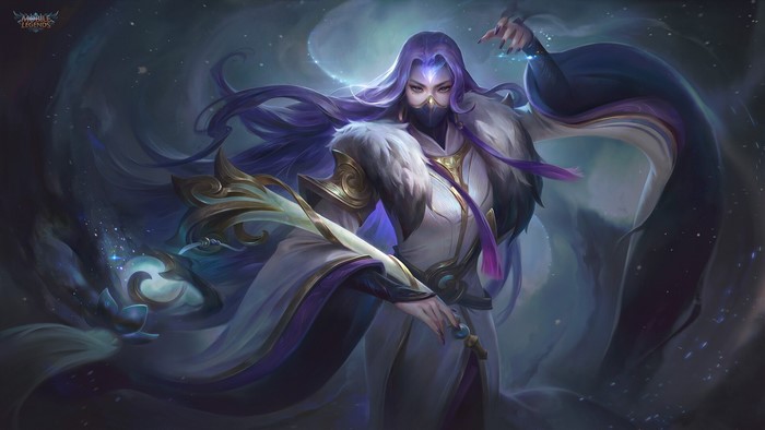 Character from Mobile Legends with purple hair and mask