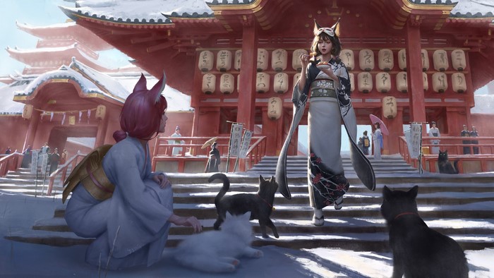Fantasy girls in kimonos with cats at a snowy shrine
