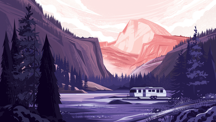 Artwork of a camper van in a mountain valley