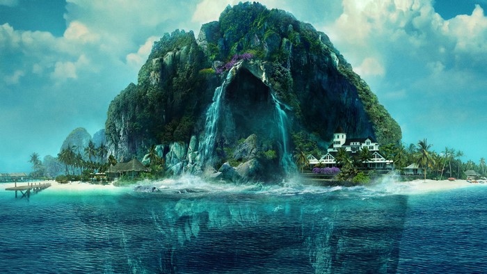 Fantasy Island with Waterfall and Houses