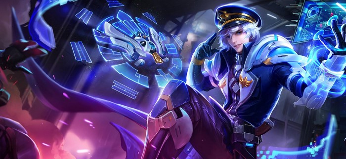 Anime character in futuristic uniform with holographic displays
