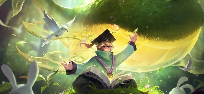 Anime character in graduation attire with book and birds