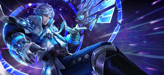 Anime character with blue armor and glowing accents