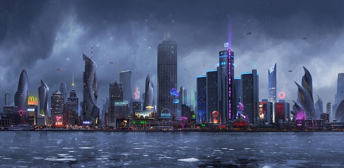 Futuristic Detroit cityscape with GM and Tesla skyscrapers