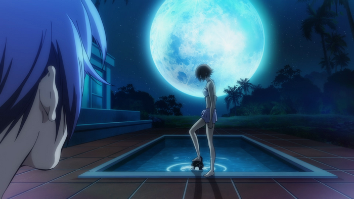 Chisa Kotegawa from Grand Blue by a swimming pool under the moon