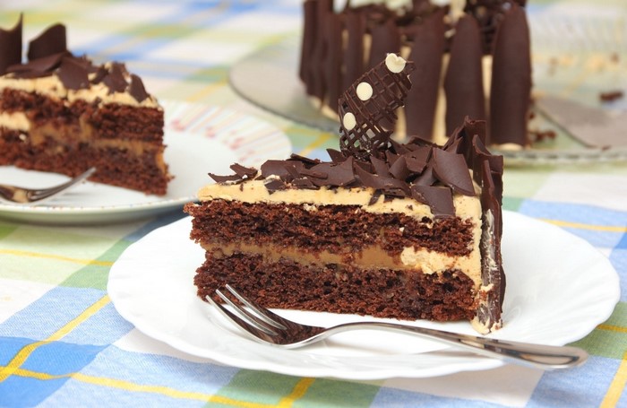 Chocolate cake with caramel filling and chocolate shavings