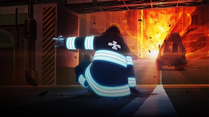 Shinra Kusakabe from Fire Force in front of an explosion