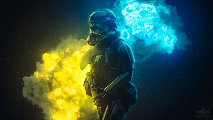 Stormtrooper in front of yellow and blue explosions