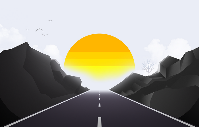 Road between rocks with sun and birds
