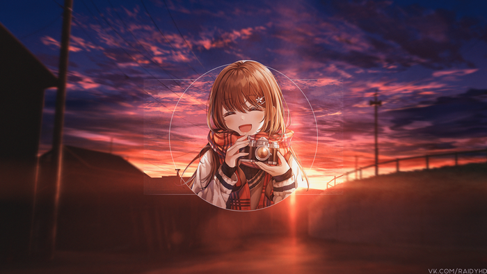 Anime girl with camera at sunset