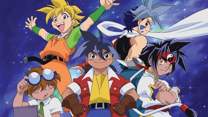 Beyblade characters posing against a starry background