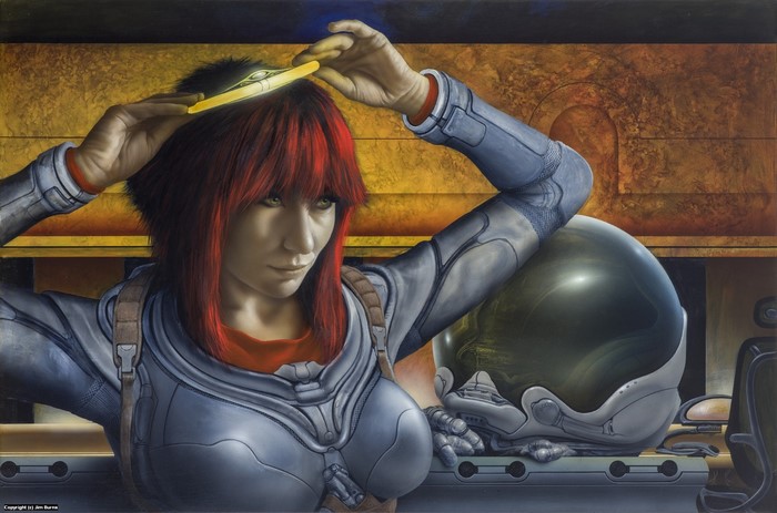 Rica Dawnstar in a science fiction painting by Jim Burns