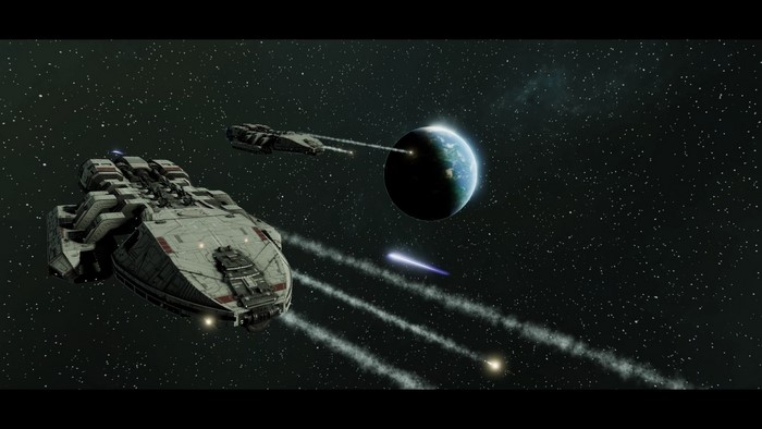 Battlestar Galactica ships in space battle near planet