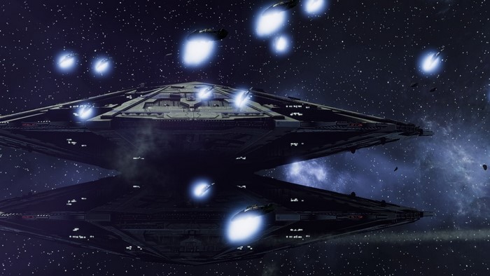Battlestar Galactica fleet in space battle