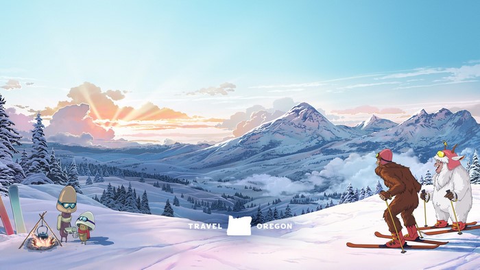 Bigfoot and Yeti skiing in Oregon mountains at sunrise