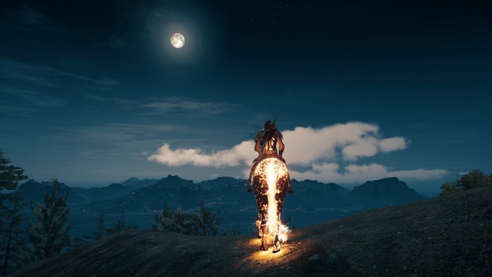 Assassin's Creed: Odyssey character on horseback at night