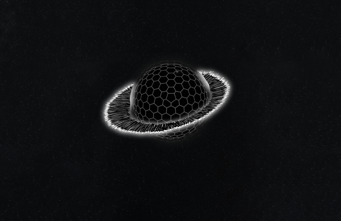 Monochrome planet with hexagonal rings in space