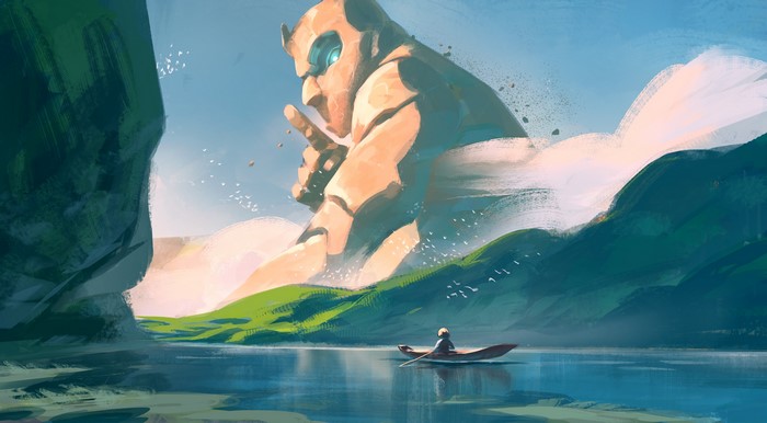 4K fantasy art of a giant statue over a river