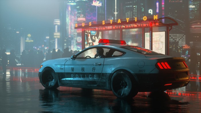 Cyberpunk police car at a bus station at night