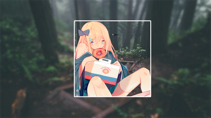 Anime girl with donut and box in forest