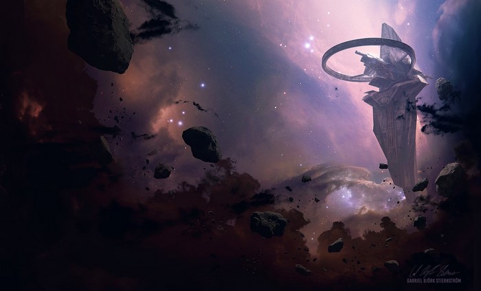Space Station in Nebula with Asteroids by Gabriel Björk Sternström