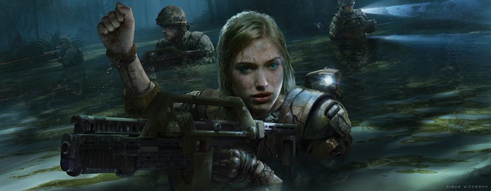 Soldiers in a swamp with a woman in the foreground