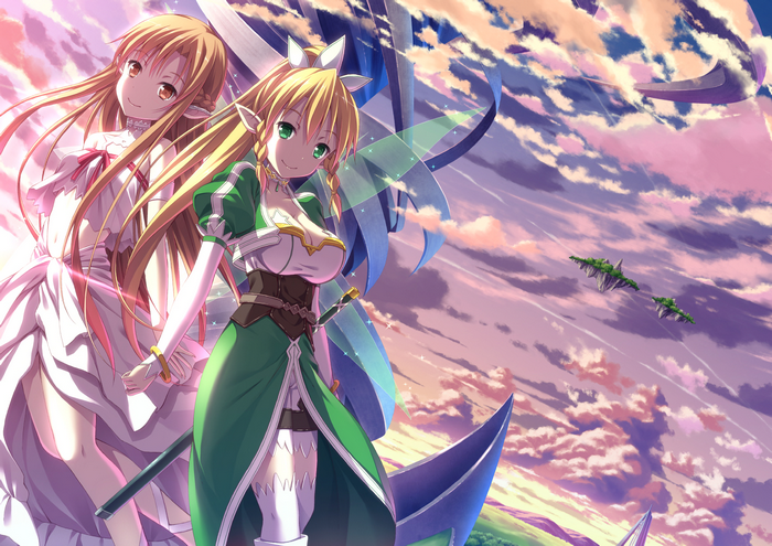 Asuna and Suguha from Sword Art Online in a fantasy sky
