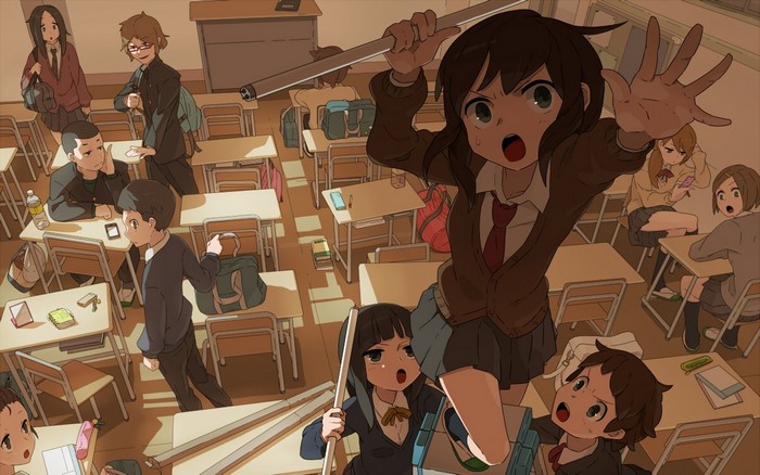 Anime classroom with students in school uniforms