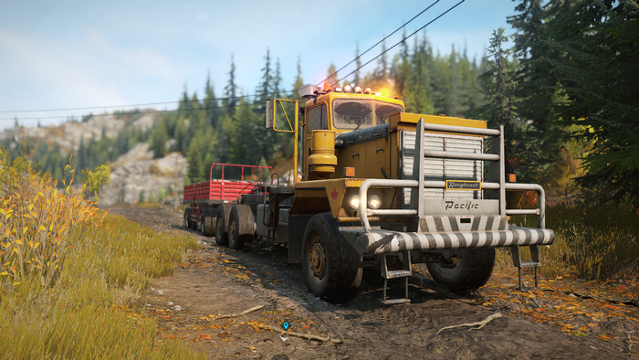 Yellow Pacific Roughneck truck with trailer in Snowrunner