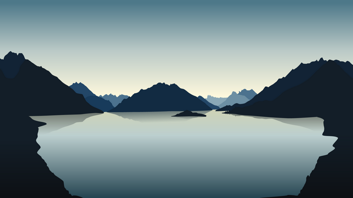Minimalist landscape illustration of mountains reflecting in water