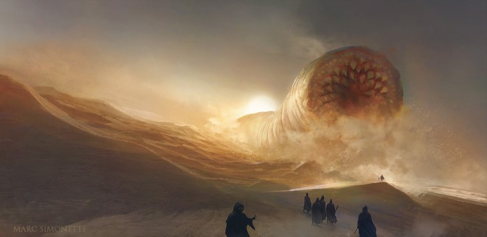 Sandworm approaching people on Arrakis by Marc Simonetti