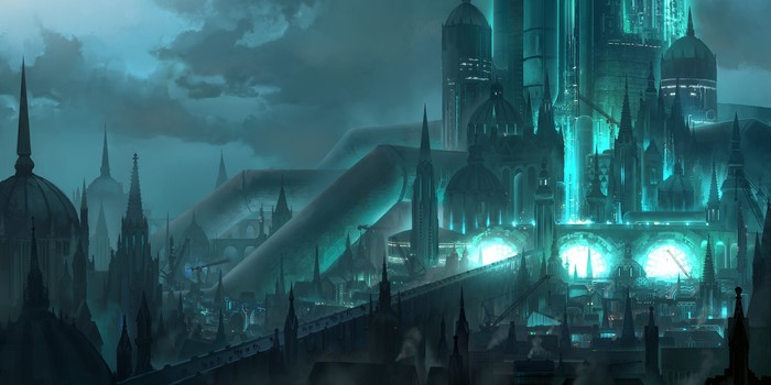 Fantasy city with cyan lights at night