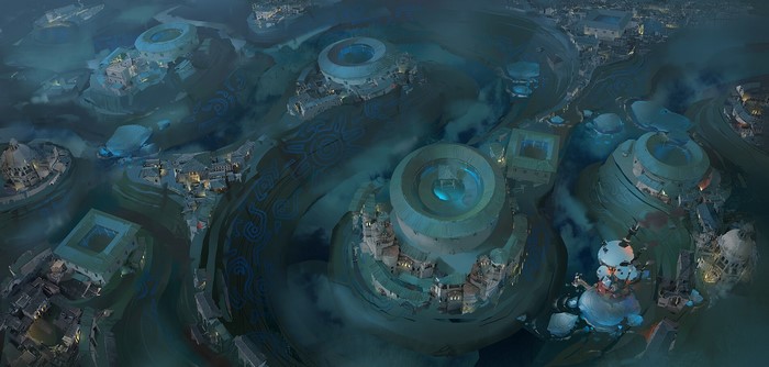 Fantasy city with circular structures and canals