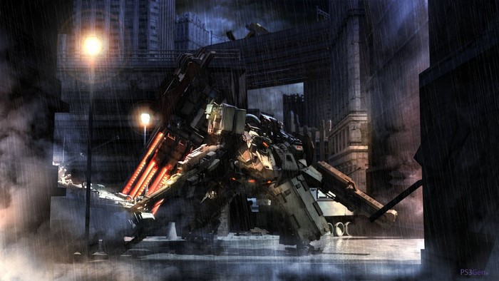 Armored Core mech in a rainy city street