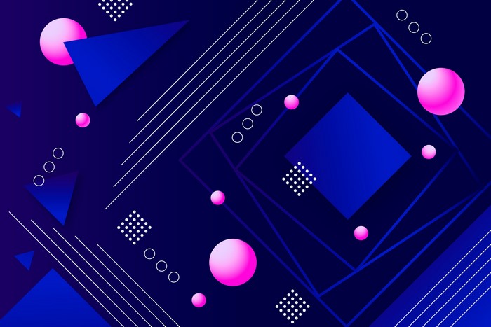 Abstract geometric shapes with pink spheres on blue background