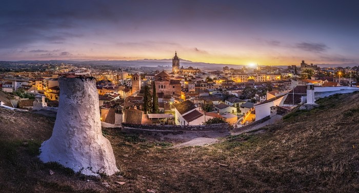 Panoramic view of a Spanish town at sunset