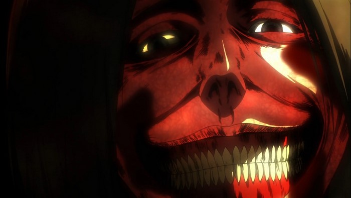 Close-up of a terrifying Titan from Attack on Titan