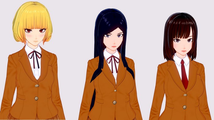 Three anime girls in school uniforms