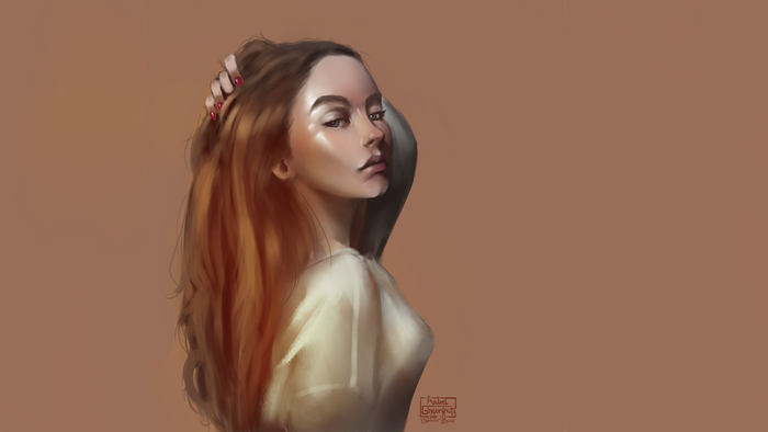 Woman with long brown hair and red nails