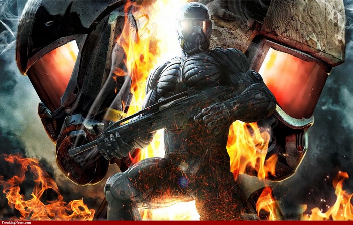 Soldier in Nanosuit with rifle and flames