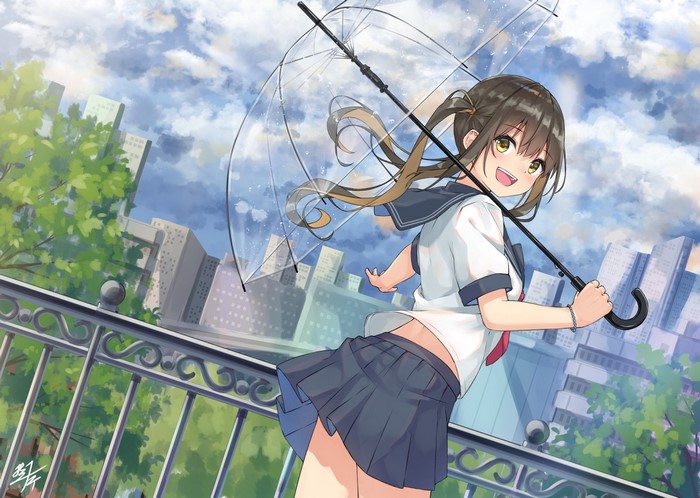 Anime girl with umbrella in city