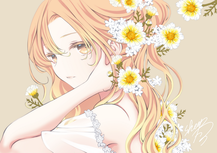 Anime girl with blonde hair and flowers