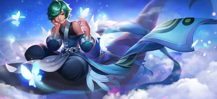Anime boy with green hair and butterflies