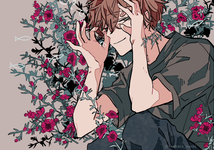 Anime illustration of a young man with flowers