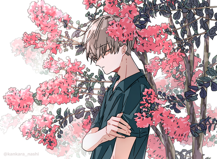 Anime boy with pink flowers