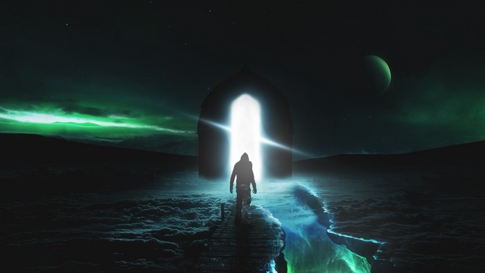Astronaut walking through a glowing portal in space