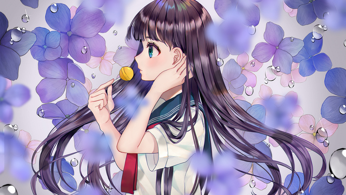Anime girl in school uniform with lollipop and hydrangeas